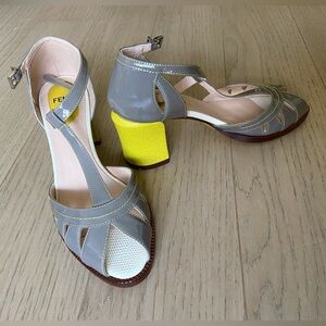 Fendi Chameleon Pumps EU 36 US 6 Gray Yellow Mary Jane Block Heel Retro Sandal